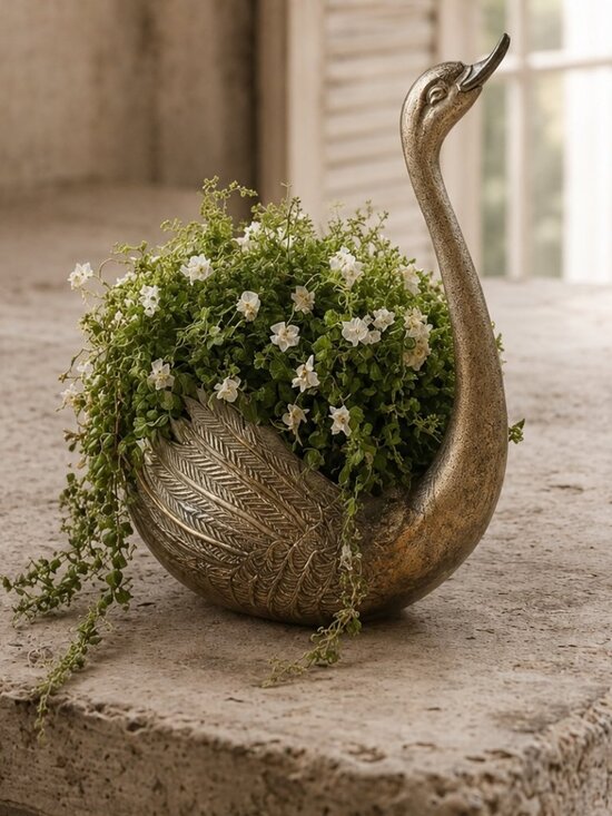 Bon Jardinage Other - NWT Vintage Large Brassy Swan Planter Rustic Style Distressed Look Flower Pot